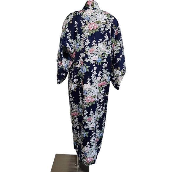 WOMEN'S YUKATA ROBE JAPANESE SUMMER KIMONO CHERRY BLOSSOM NAVY OS - Picture 4 of 13
